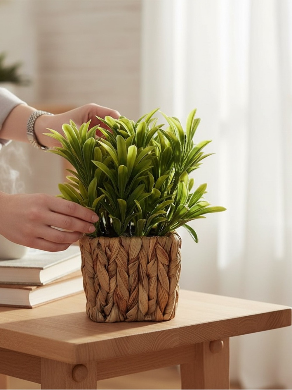 Faux Greenery Artificial Plant Small Green New Woven Basket Pot Farmhouse Decor